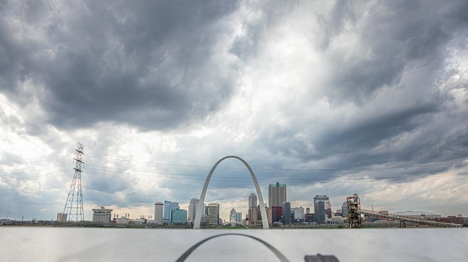Storm clouds form over the Gateway Arch on Wednesday, March 13, 2024, at the Malcolm W. Martin Memorial Park in East St. Louis, Illinois.