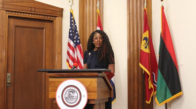 St. Louis Mayor Tishaura Jones stands at a podium.