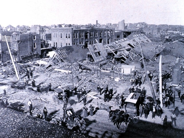 This public domain photo shows Jefferson and Allen streets in St. Louis after a tornado ripped through the city on May 27, 1896.