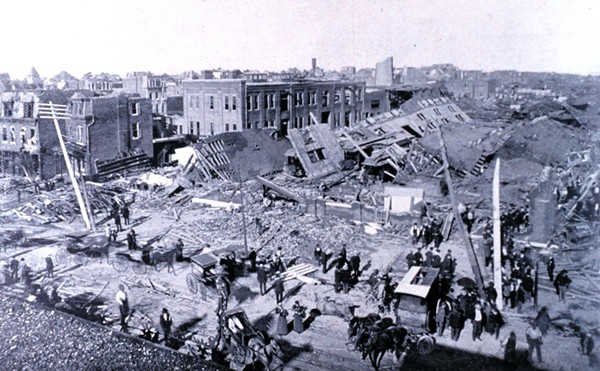 This public domain photo shows Jefferson and Allen streets in St. Louis after a tornado ripped through the city on May 27, 1896.