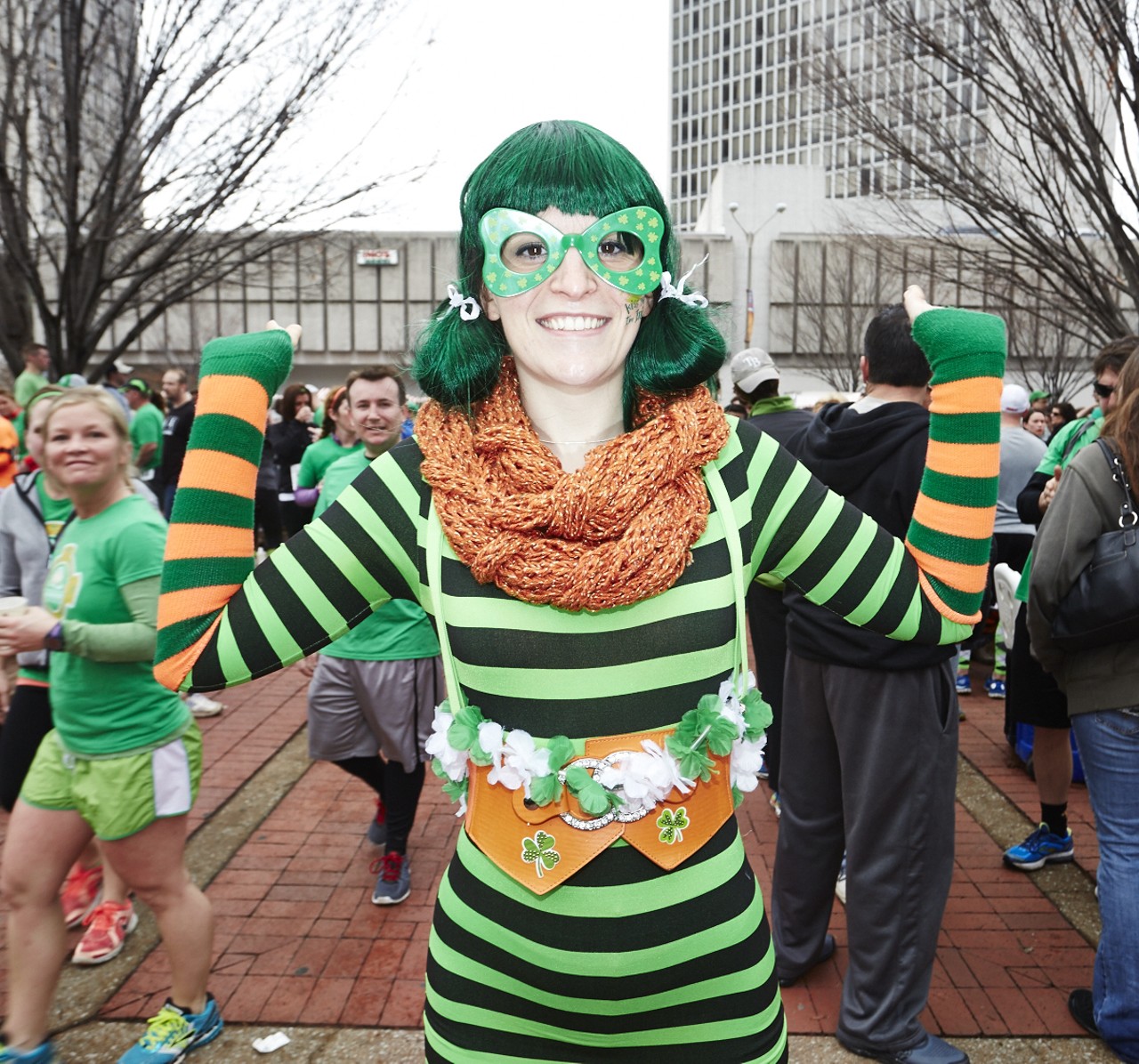 Missy Hawn poses with all her green at the 37th Annual St. Patrick's Day Parade Run in downtown St. Louis on March 14, 2015.