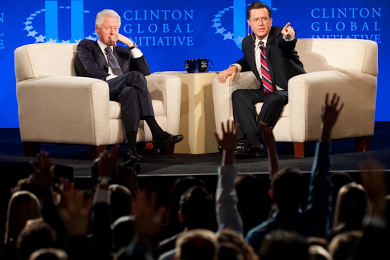 Colbert and Clinton take questions from the crowd.