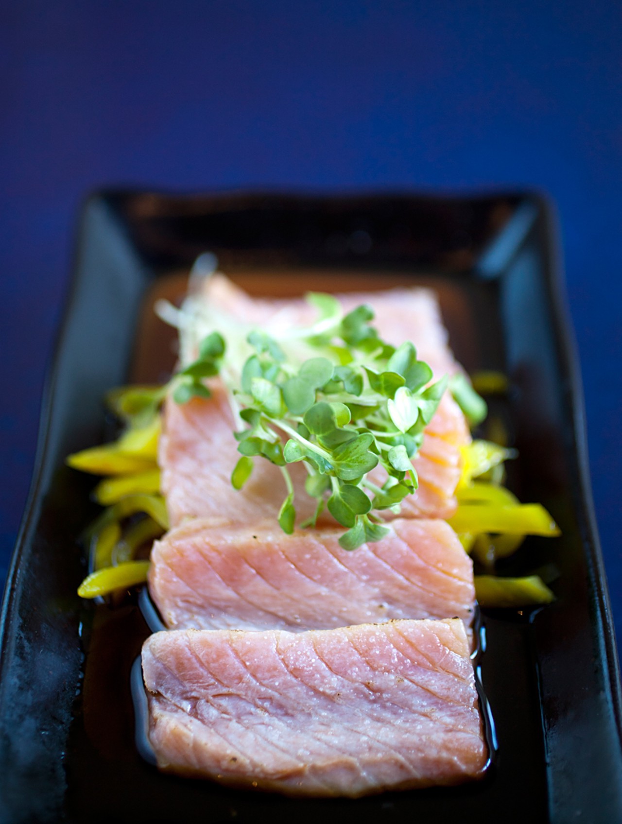 From the raw menu, salmon tataki with sea salt, sprouts and citrus ponzu.