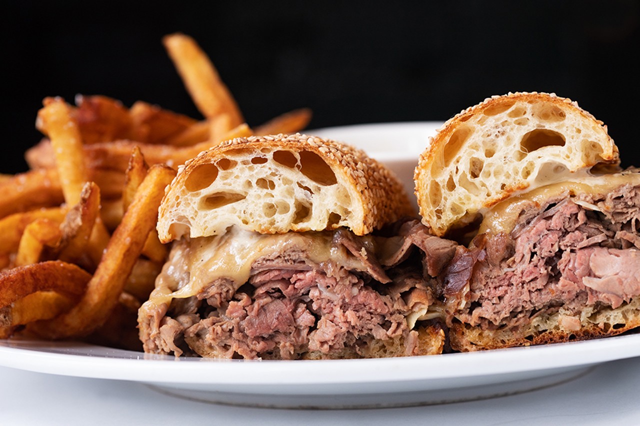 The French dip includes roasted top round of beef, havarti, au jus and pommes frites.