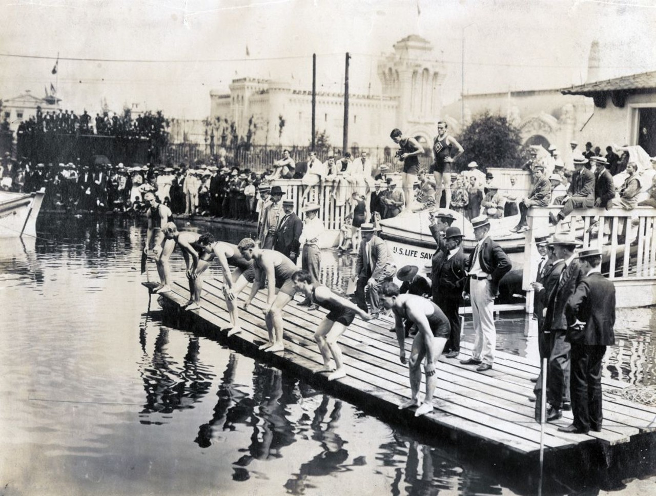 Hungarian champion Zoltan Halmay, far left, at the start of the championship heat of the 100-yard swimming dash at the 1904 Olympics.
The swimming events took place in Forest Park. 