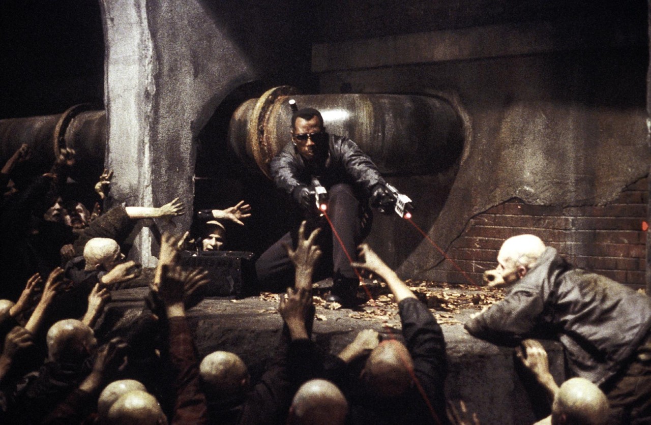 15. Blade II (2002)
Taken in some twelve years after its release, Village Voice film editor Alan Scherstuhl writes that this Wesley Snipes vehicle is a "splatter marvel," but our 2002 review by Mark Holcomb characterizes it differently: "Returning to pulp territory after The Devil's Backbone, Mexican director Guillermo del Toro cribs from his earlier work in an attempt to breathe life in Blade II, a sequel to the 1998 Marvel Comics-inspired potboiler. The results rely more on Backbone's gothic pulchritude and Mimic's patent silliness than the whip-smart revisionism of Cronos, and whereas that 1992 film slyly steered the vampire genre into new terrain, the appallingly violent Blade II only wrestles it to the ground and sits on its head."