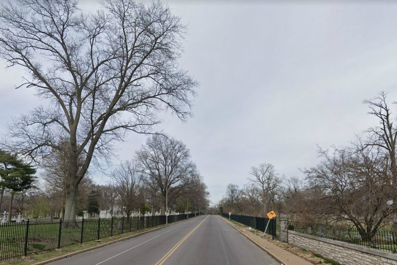 Calvary Avenue
the road between Calvary Cemetery and Bellefontaine Cemetery
This is where you can find one of the most notorious ghosts in town: Hitchhike Annie. Discribed as a woman with long dark hair and wearing a white dress, Annie is said to flag you down for a ride, only to disappear once she gets into your car.
Photo credit: screengrab from Google Maps