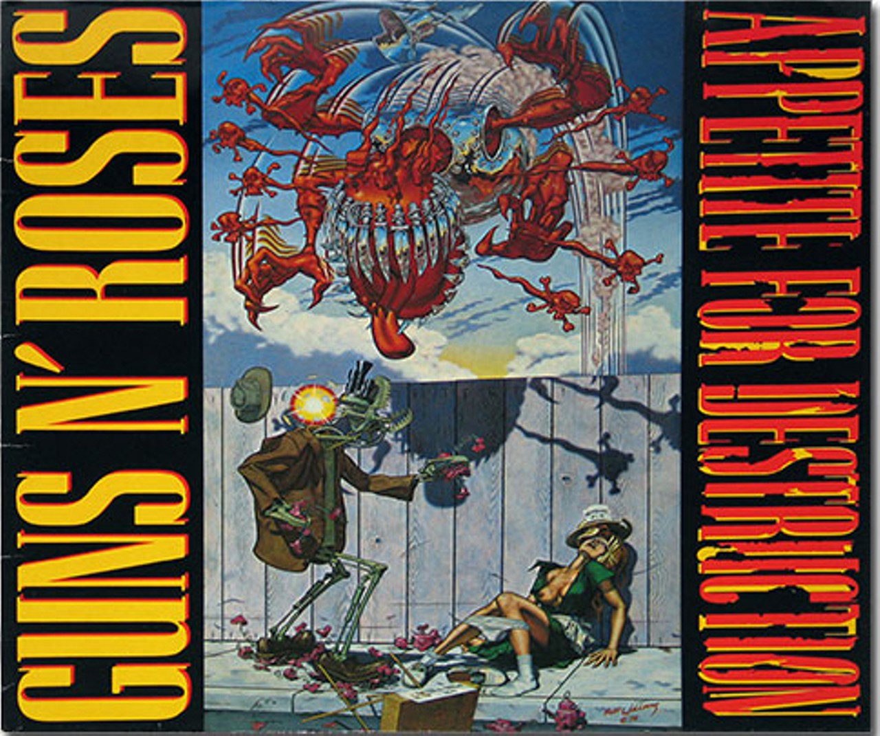 18. Guns n' Roses' "Appetite for Destruction" features your classic all-American blondie waitress post-violation by a robot rapist. The cover, based on a Robert Williams painting, disturbed music retailers so much that the band had to come up with a new, much less jarring cover.