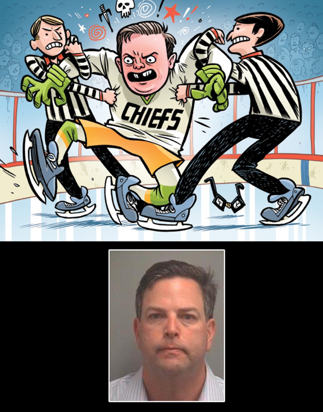 12. Matthew Supran
Delray Beach, Florida chiropractor Matthew Supran was watching his son's hockey game when a 14-year-old opposing player elbowed his boy in the face. A ref ruled the hit non-malicious, giving the kid a five-minute penalty under hockey's sentencing guidelines of assault. 
Yet Supran had neglected to teach his son the game's prescribed response for an elbow to the face: a succession of retaliatory punches. Clearly he sucked as a Hockey Dad. 
So the 230-pound Supran ran onto the ice, punched the teen offender in the face, then grabbed his helmet and slammed his head into the boards in a naked attempt to compensate for bad parenting. He was arrested on charges of child abuse.