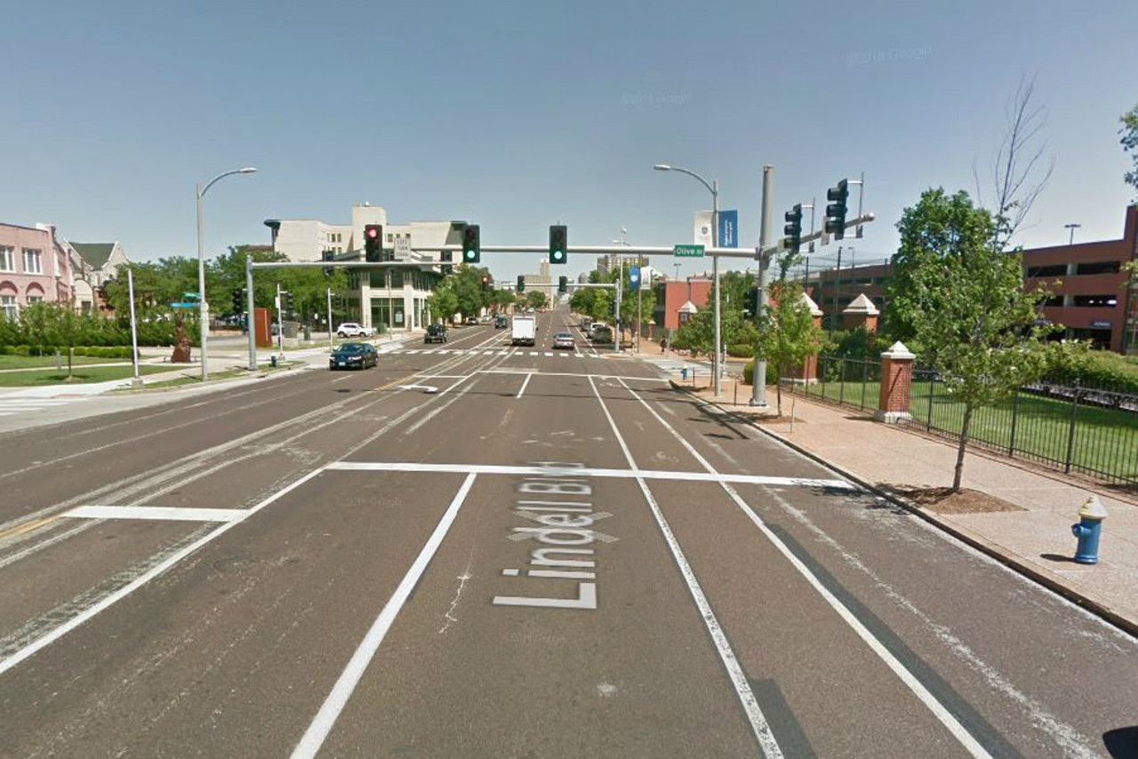 Lindell Blvd. & Olive St. 
If you're driving east on Lindell from Grand, you'll run into this weird little intersection where Olive jumps in. There are two lights in this intersection, one right after the next, and this being St. Louis, naturally the lights aren't synched, so nobody knows which to follow.
Photo courtesy of Google Maps