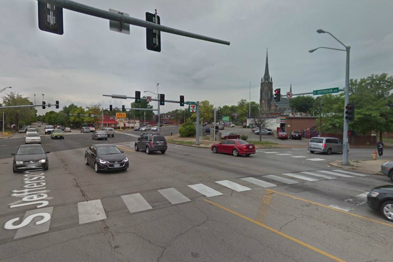 S. Jefferson Ave. & Sidney St. & Gravois Ave.
Cars coming from every angle? Gravois is guilty of this in multiple locations. If someone tells you to make a right here, you're going to have to ask them "right or right-right?" every time.
Photo courtesy of Google Maps