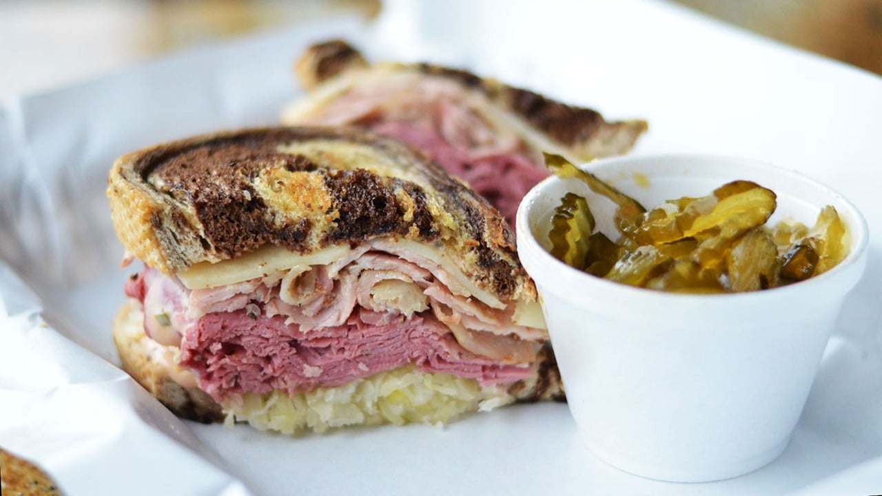 Pastrami sandwich and Fire and Ice Pickles at Dalie's Smokehouse in Valley Park