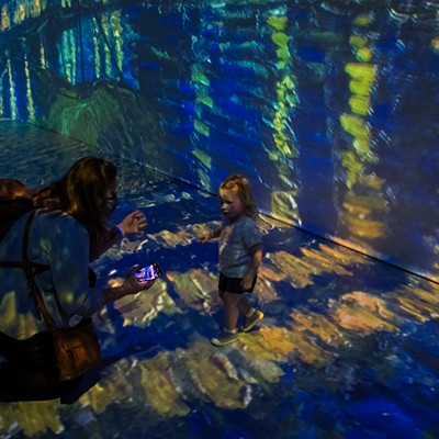 After the waterfall room, you step into the main exhibit where the paintings are projected. Here, a little girl steps into Starry Night Over the Rh&ocirc;ne.