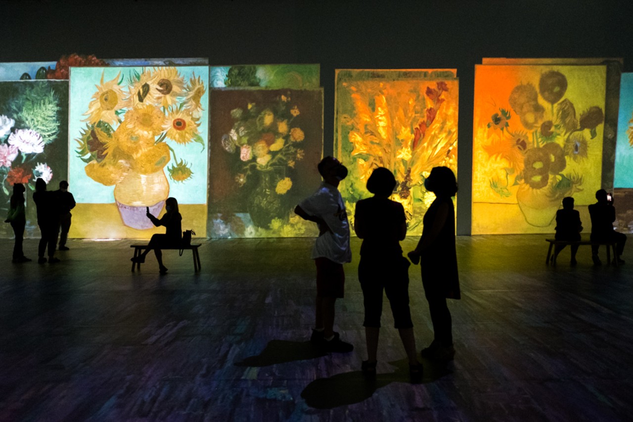 The still life paintings of flowers are projected onto the walls.