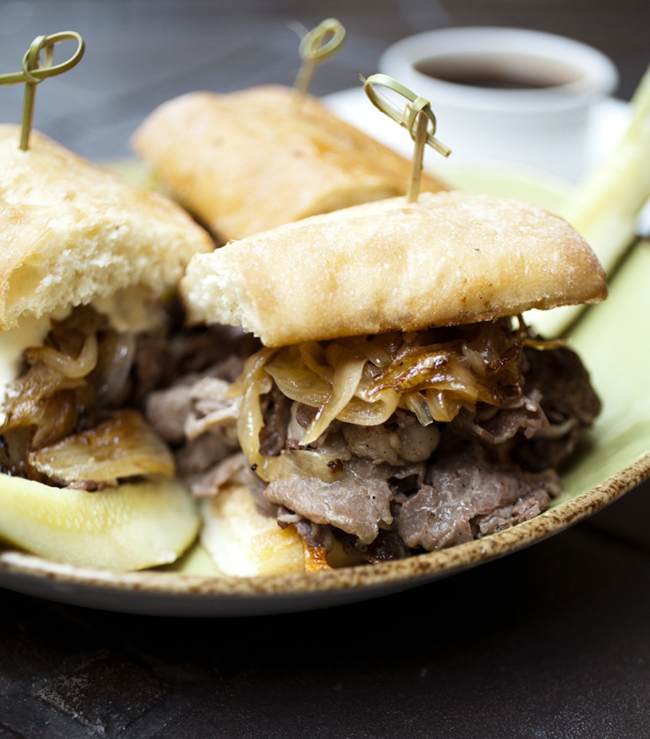 The Wordly Sliders are smaller versions of their St. Louis Philly, Italian Beef and French Dip sandwiches. It is served with au jus and horseradish sauce.