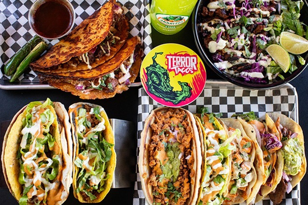 Best Restaurant for Vegetarians
Terror Tacos
3191 South Grand Boulevard, terrortacos.com
READERS' CHOICE SPOTLIGHT 
Brothers Bradley Roach and Brian Roash have been vegans since the mid-'90s, getting into the plant-based lifestyle as more of a political statement than dietary choice through the hardcore music scene of the era. Over the years, they’ve been thrilled to see the rise of vegan culture and restaurants, though they found this crop of crunchy, hippie-style plant-based eateries to be at odds with their sensibilities. Their South Grand restaurant Terror Tacos is their response to this, pairing outstanding vegan cuisine with a loud, irreverent and in-your-face vibe meant to evoke the hardcore clubs they used to frequent in their younger days. This style translates into the substance of the food. Terror Tacos serves up the sort of eats you'd get from a greasy burrito joint you'd frequent after attending a Fugazi show rather than a crunchy, post-yoga smoothie spot. Dishes like the double-decker Double Diablo Taco, vegan birria-filled quesadilla and loaded nachos are gooey, deeply satisfying delights, and the Terror Burrito, a mix of veggie grounds, cilantro rice, beans, cheese, green chile sauce, lettuce and sour cream that oozes decadence when you bite into it, just might be the best burrito in town.