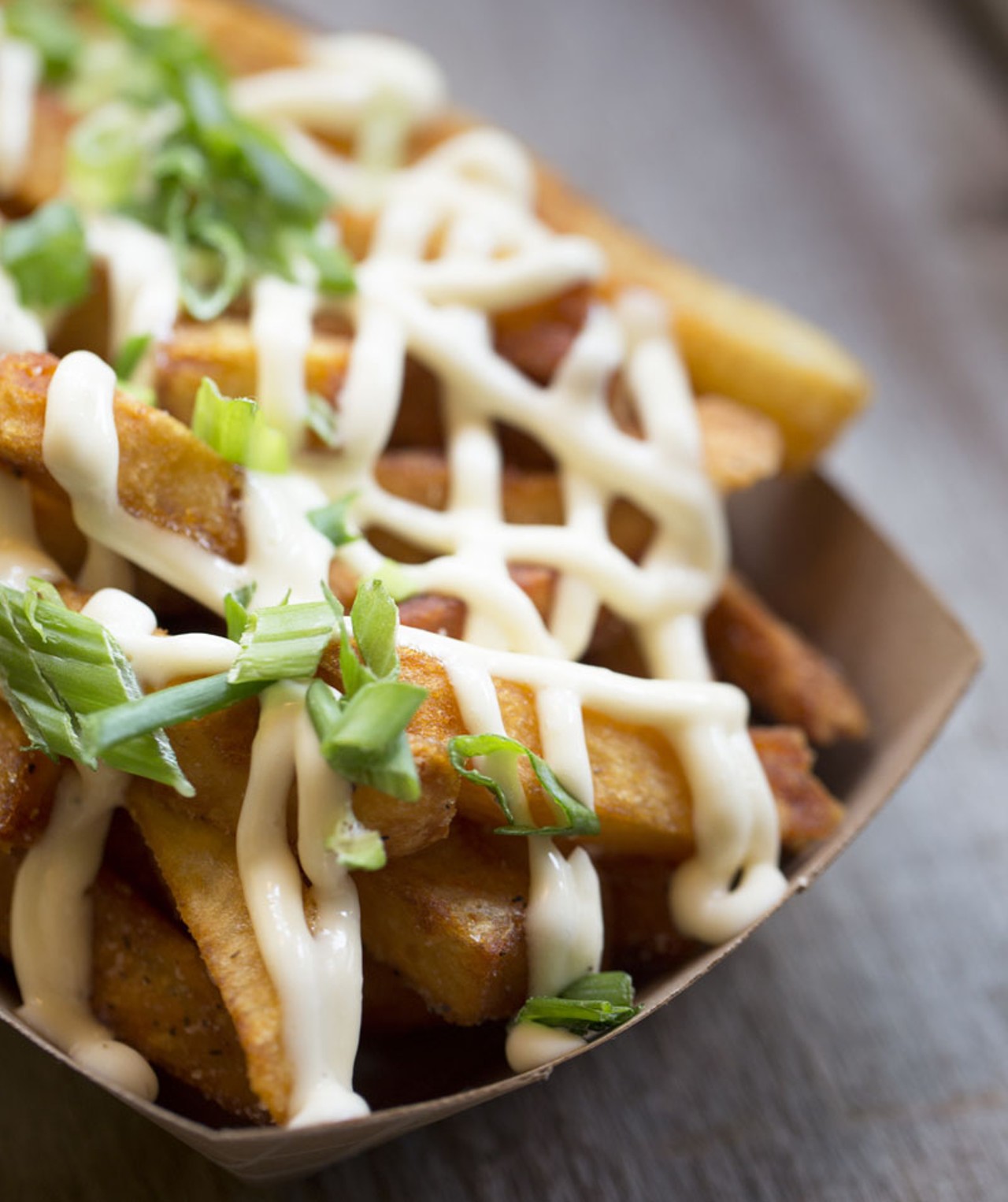 "Double Dutch Fries" are served with with garlic mayo & scallions.