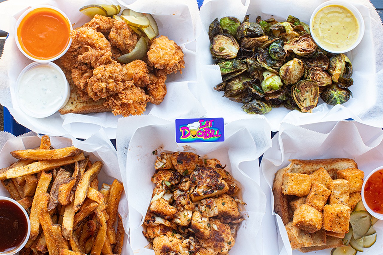 DuckBill's offerings include (clockwise from top left): Chooch's popcorn chicken, caramelized Brussels sprouts, crispy tofu, roasted cauliflower and hand-cut fries.