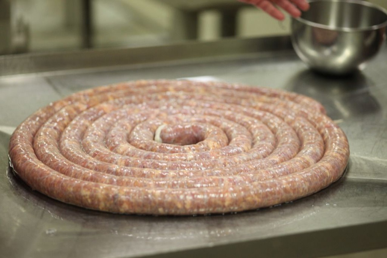 A coil of andouille, ready for twisting.