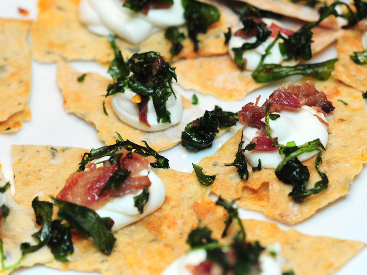 Hand-rolled cracker with goat cheese mousse, house-cured bacon and crispy arugula, seasoned with Sea Salt and crushed red pepper from the Scottish Arms on Sarh Street in Midtown.