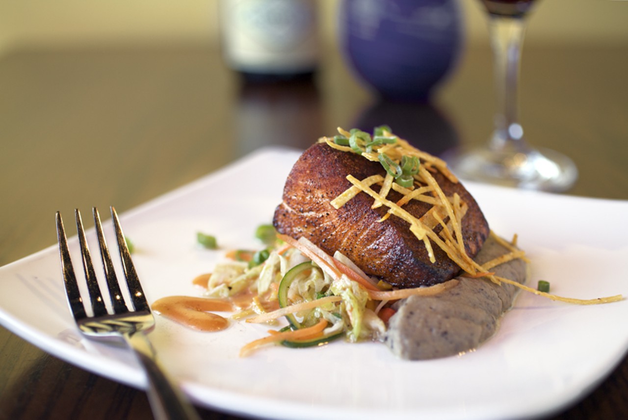 The classic Balaban&rsquo;s small plate of barbecue salmon is served with black bean hummus, warm slaw and tortilla strips. Here it is paired with a Willamette Valley Argyle Pinot Noir.