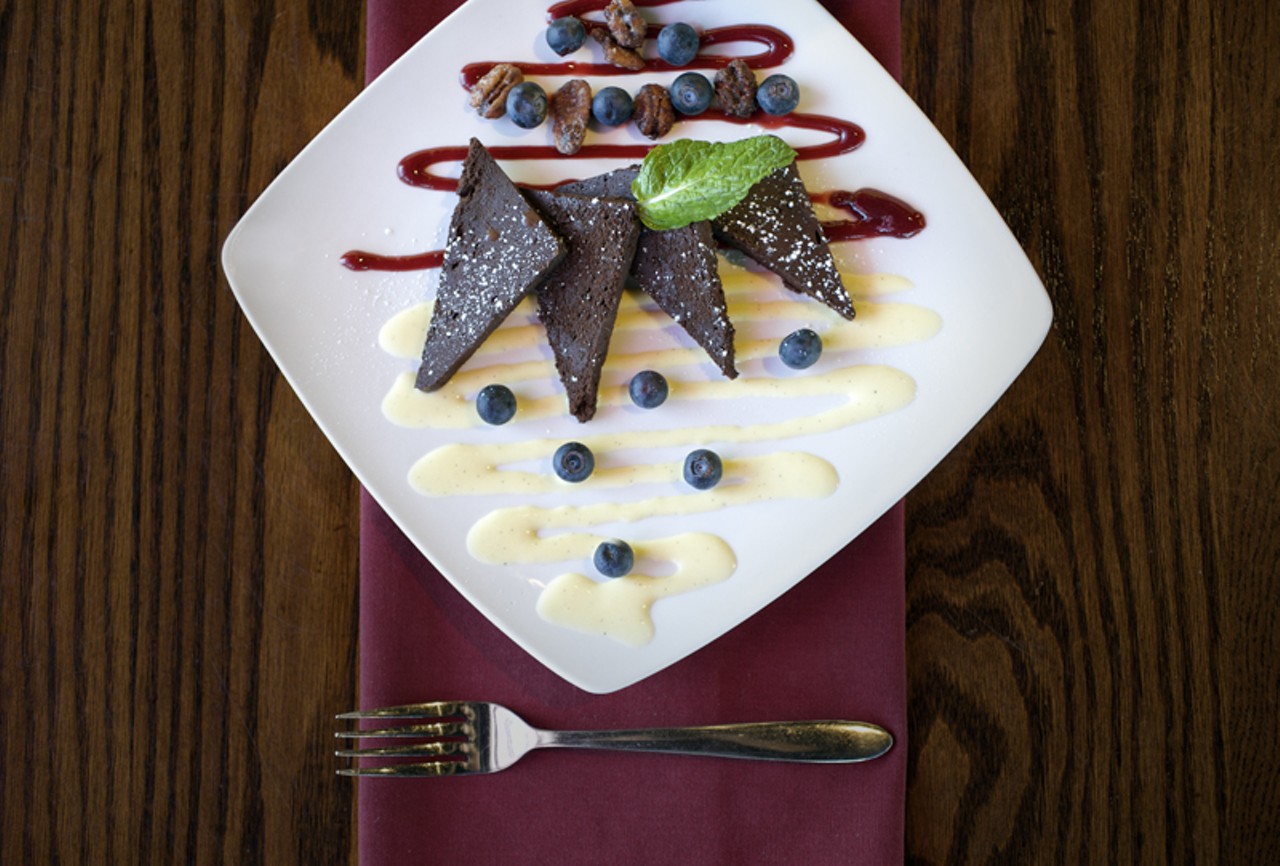 For dessert, how about the Chocolate P&acirc;t&eacute;? It is served with a raspberry sauce and cr&egrave;me anglaise.