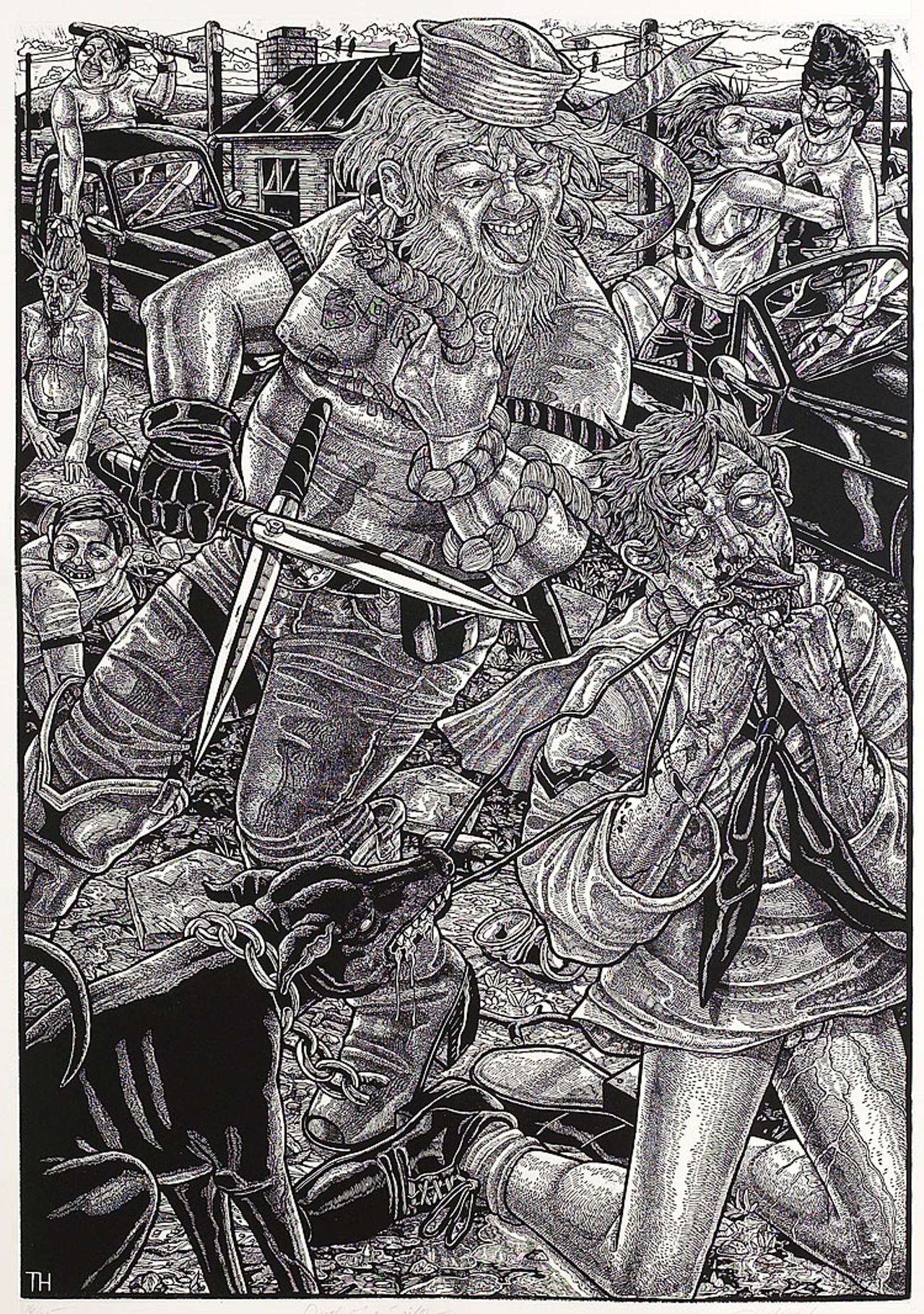 Tom Huck, "Death of a Sailor" (woodcut, 38" x 52", 2001)