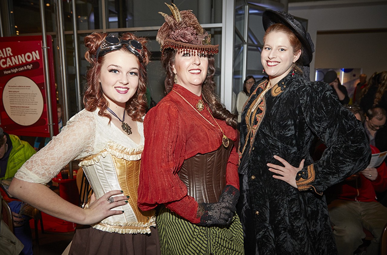 Caroline Brinker, Megan Brinker, and Victoria Velvet show off their steampunk looks.