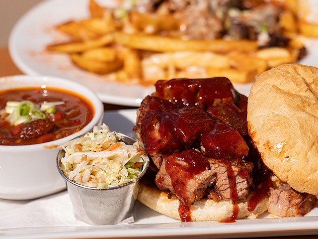 The Shaved Duck's legendary burnt ends are offered in sandwich form, with both cherry- and hickory-smoked meat.