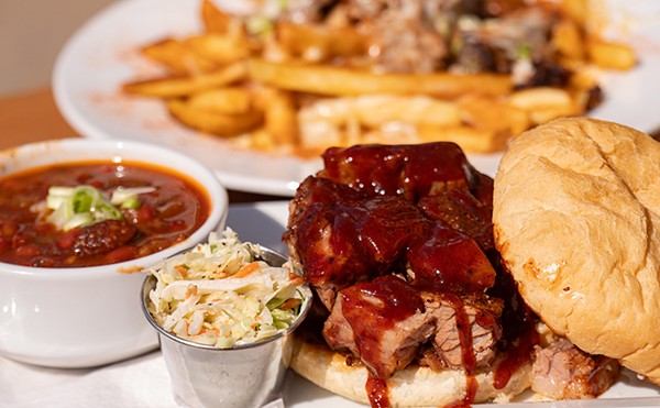The Shaved Duck's legendary burnt ends are offered in sandwich form, with both cherry- and hickory-smoked meat.