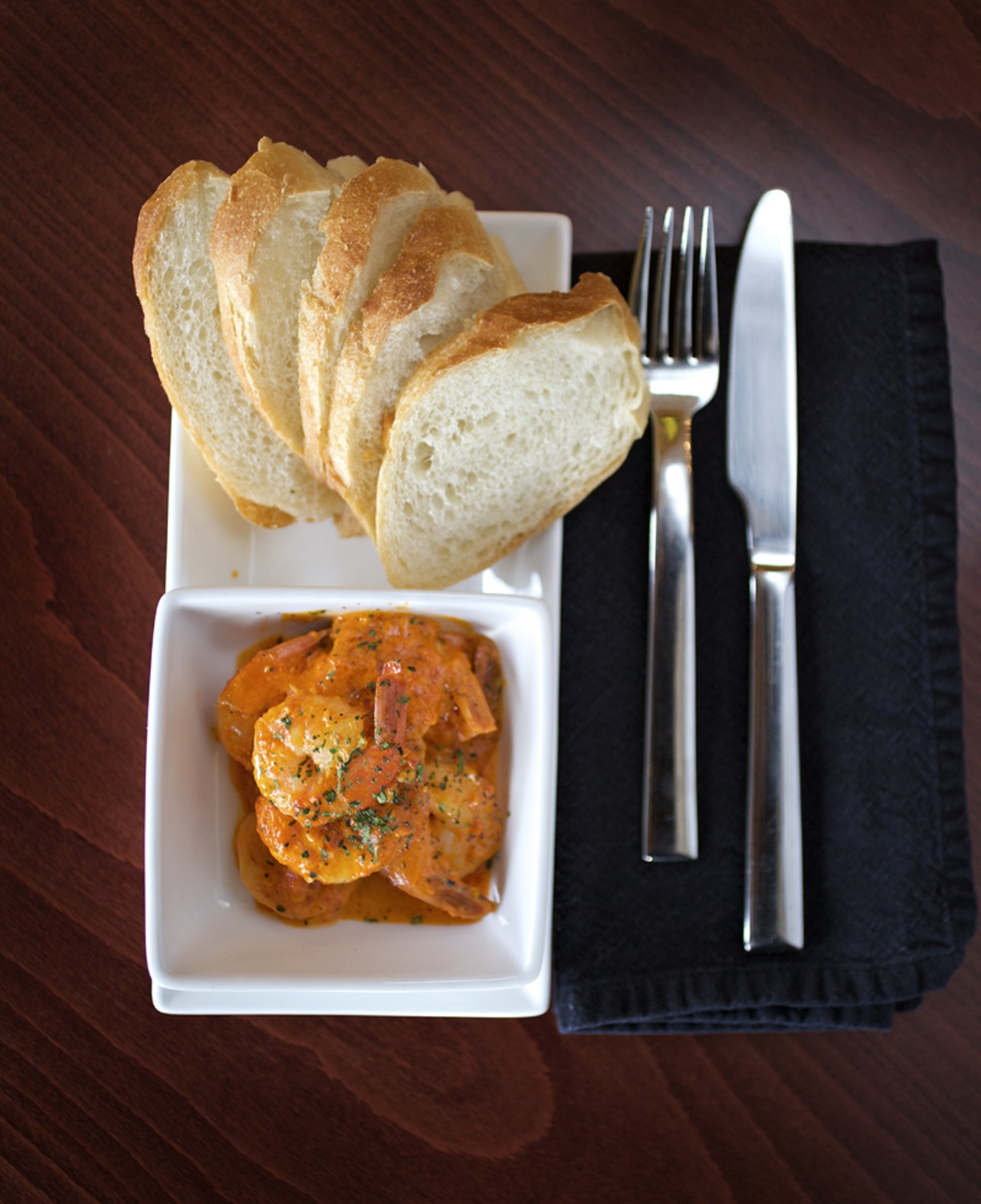 Shrimp Rouille with roasted red pepper, saffron and garlic. Chef Cassandra prepares her rouille less traditionally. Hers is more of the peasants take on rouille where it is eaten by itself with bread to dip.