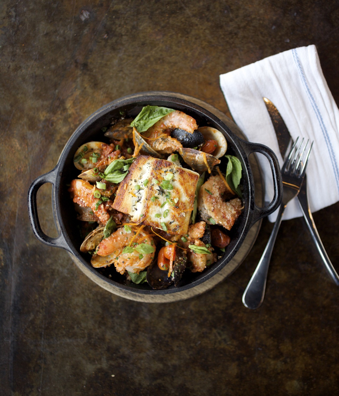 The Fisherman's Stew is prepared with Halibut, Clams, Mussels and Shrimp.