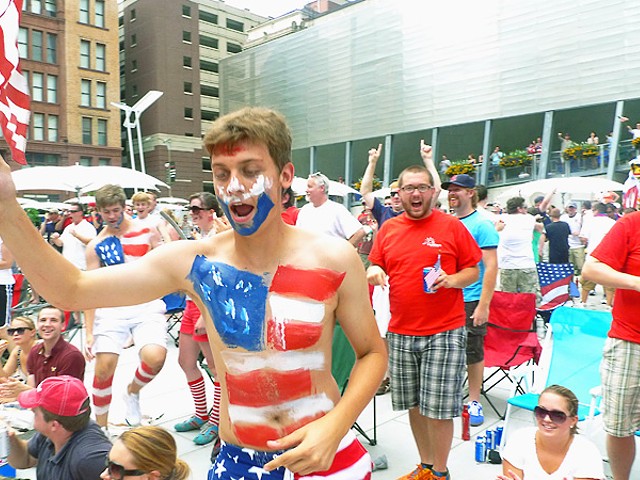 Real men of genius: USA fans at Old Post Office Plaza.