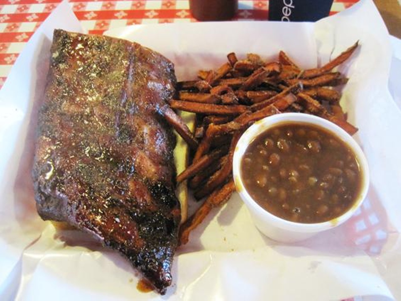 Half a slab of the ribs (with baked beans and sweet-potato fries) at Pappy's Smokehouse in St. Louis. Read more: Ian Froeb's 100 Favorite St. Louis Dishes: #4,  The Ribs at Pappy's Smokehouse