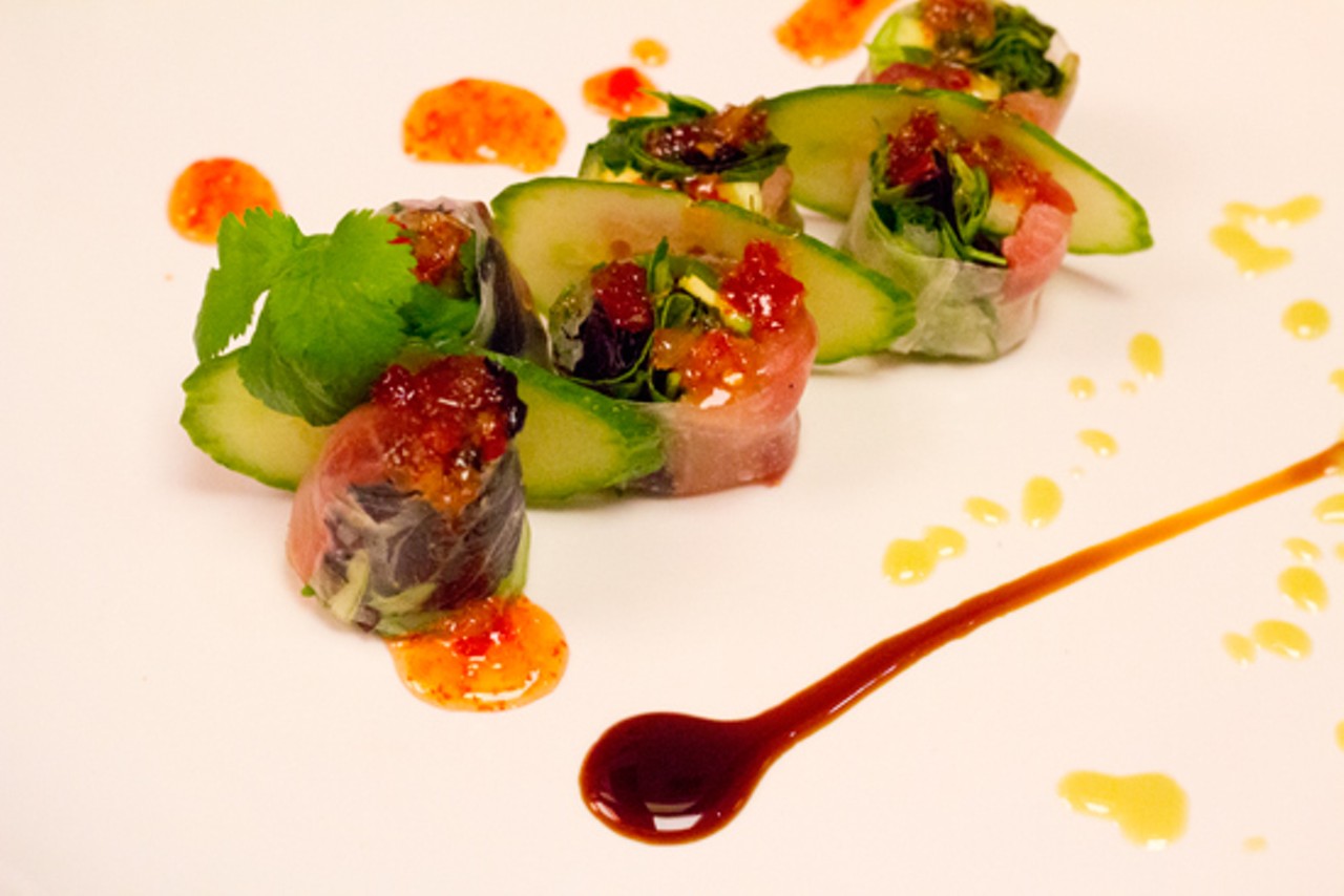 The Chrystal Roll with tuna, yellowtail, cilantro, jalapeno and cucumber rolled in rice paper with eel sauce, sweet chili sauce and avocado sauce. Read more: Takaya New Asian Rolls Out Modernly Plated Sushi and Fusion Dishes