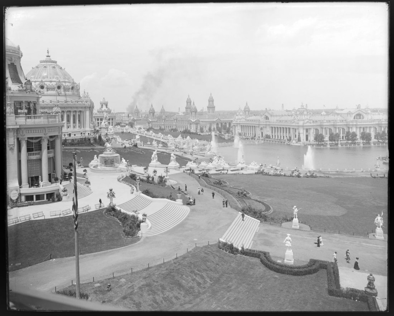 1904 WORLD'S FAIR VIEW OF FAIR LOOKING WEST FROM RESTAURANT PAVILION. Horizontal, black and white image showing the view from the German building with the east restaurant pavilion in left foreground, the Festival hall in left center, the Palace of Electricity at right center and the Palace of Machinery in center background.
Find out more about this photo at MoHistory.org.