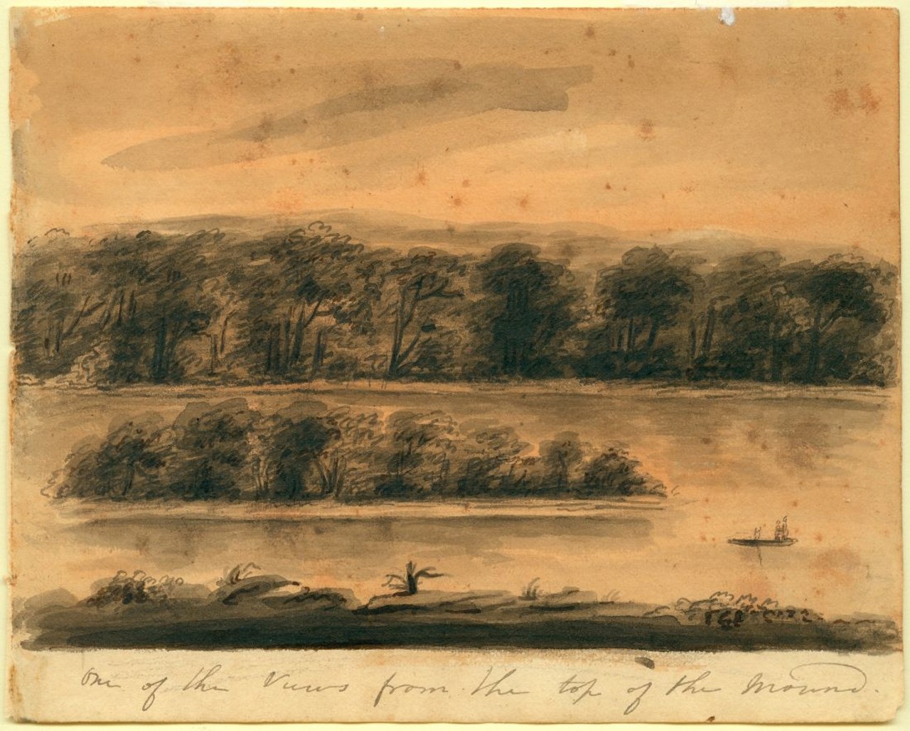SKETCH OF BLOODY ISLAND, 1818
"Bloody Island formed sometime in the late 1790s. Anna Marie von Phul drew this sketch of it in 1818. Just one year earlier Charles Lucas had been killed there in a duel with future Missouri senator Thomas Hart Benton." &#151; Andrew Wanko, 'Great River City'. 
One of the views from the top of the Mound. Watercolor on paper by Anna Maria von Phul, 1818. Missouri Historical Society Collections.