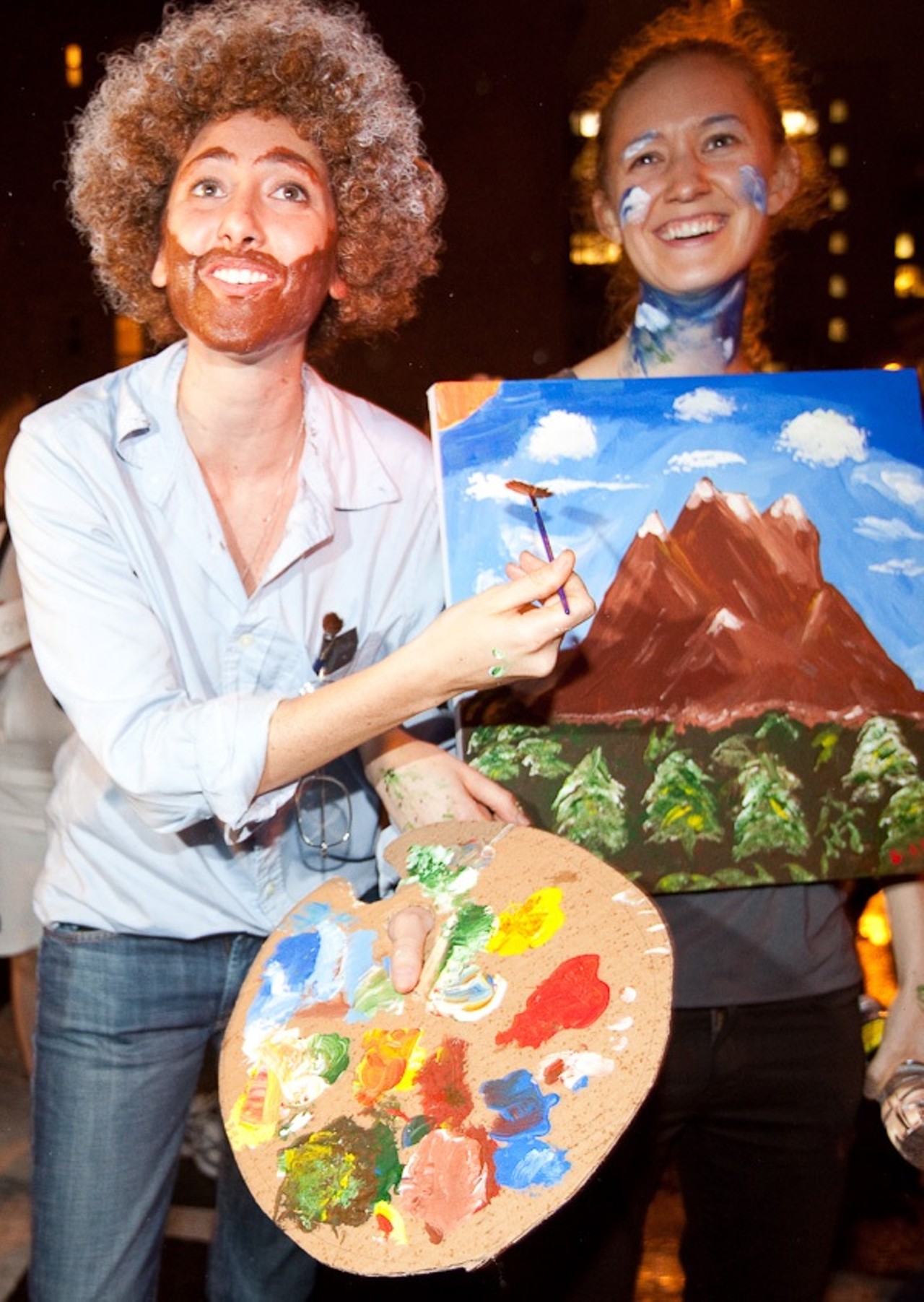 Bob Ross, with some happy trees, at the Halloween Parade in the West Village.