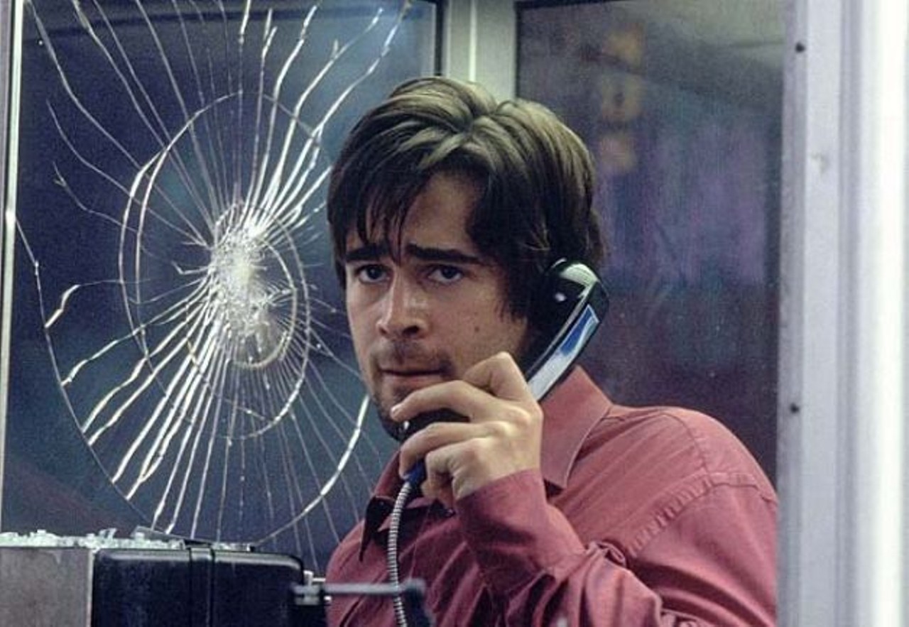 Phone Booth (2002): 
Colin Farrell plays Stu, an arrogant publicist who gets his comeuppance when he's held hostage in a telephone booth -- where, of course, he's gone to call his mistress -- by a sniper. To make matters worse, he's later accused of murdering a pimp, and becomes the subject of police interrogation. Trapped in his own lies, Stu has to come clean.