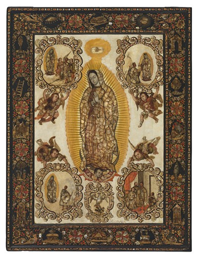 Miguel Gonzalez, Mexican, c.1664/66–after 1704; "Virgin of Guadalupe (Virgen de Guadalupe)," c.1690; oil on canvas on wood, inlaid with mother-of-pearl (enconchado); 39 x 27 1/2 inches; Los Angeles County Museum of Art, Purchased with funds provided by the Bernard and Edith Lewin Collection of Mexican Art Deaccession Fund 2024.86; photo © Museum Associates/LACMA