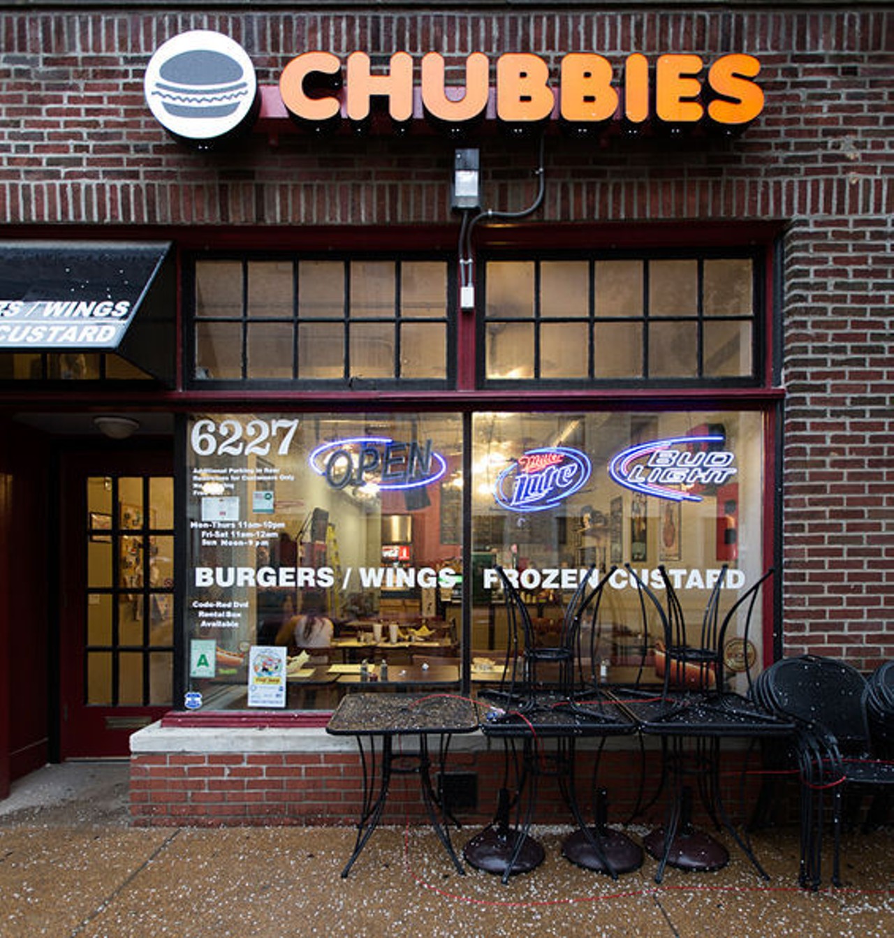 Chubbies
Chubbie's facade, 6227 Delmar Boulevard. "Just read the words printed across the windows: 'burgers, wings, frozen custard,' and envision the hordes of hungry students walking back from campus to their new Wash. U. digs." -- Ian Froeb