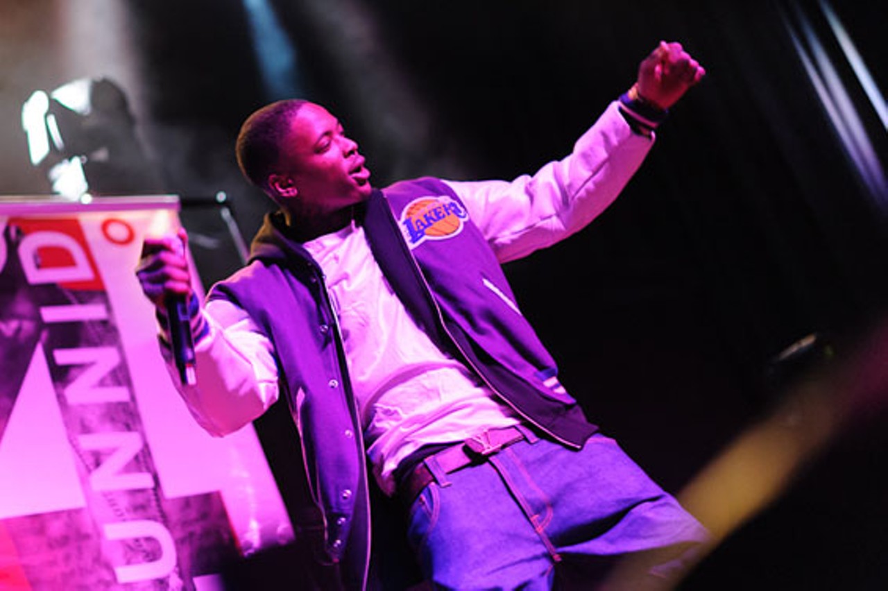 YG, sporting a Lakers jacket at The Pageant