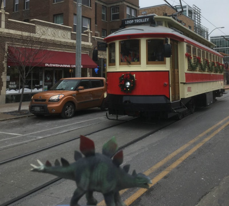 Dinosaur Lurches to Life in the Delmar Loop, Confronts Stegosaurus