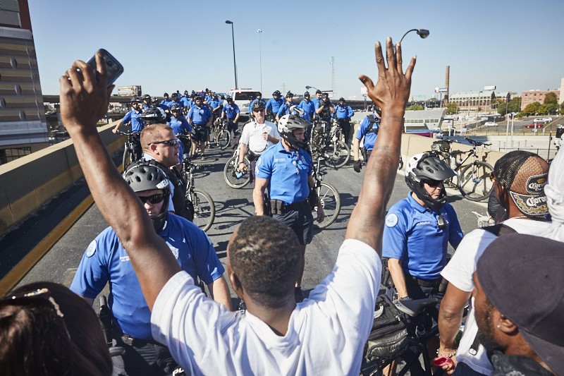 Protesters face off with police in September 2017. - THEO WELLING
