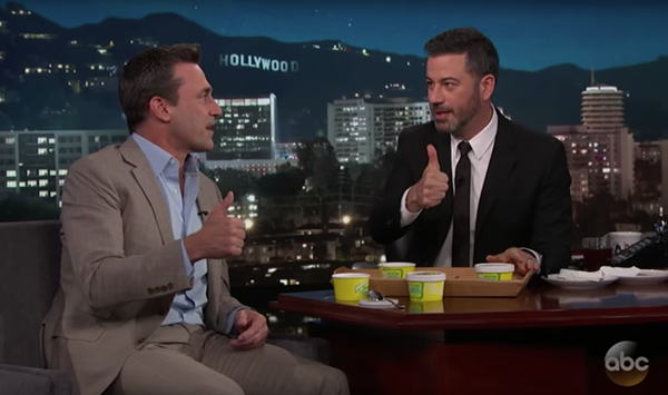 Jon Hamm and Jimmy Kimmel give Ted Drewes' frozen custard a literal thumbs-up. - VIA YOUTUBE