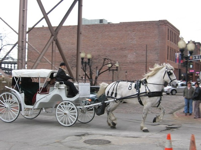 A horse-drawn carriage operates in Laclede's Landing. - FLICKR/STRAIGHTEDGE