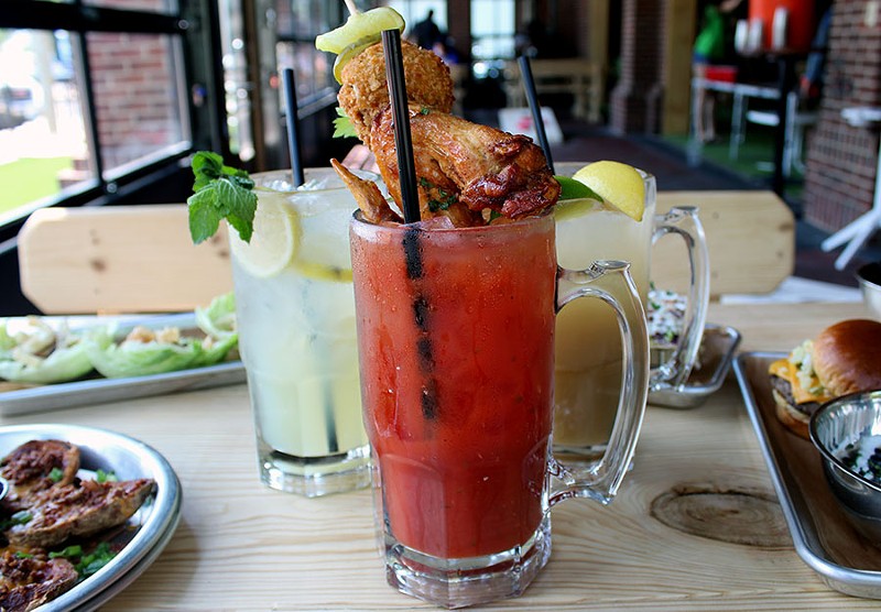 The "Ridiculous Bloody Mary" topped with a chicken wing, fried mushroom and pickle. - LEXIE MILLER