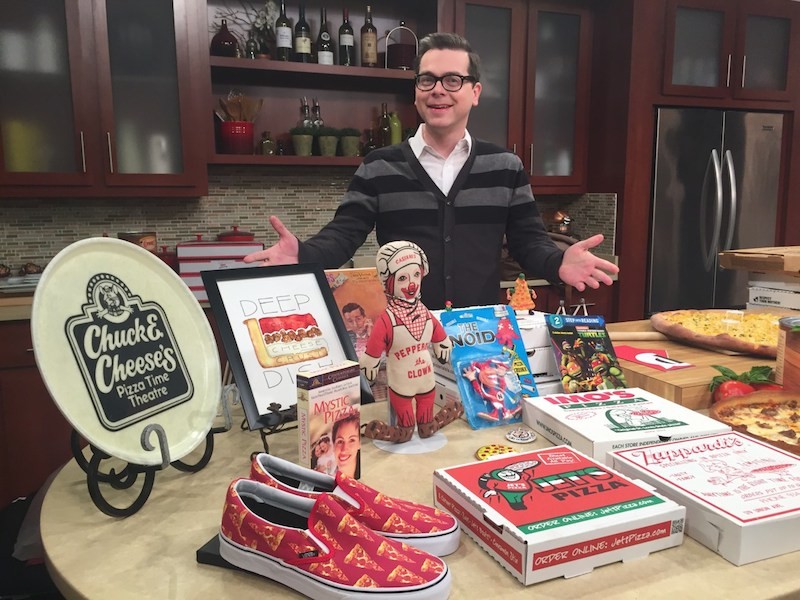 U.S. Pizza Museum founder Kendall Bruns with items from the museum’s collection, which, yes, include an Imo's box. - COURTESY OF THE U.S. PIZZA MUSEUM