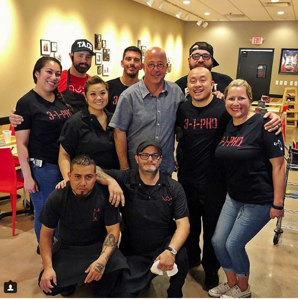 Andrew Zimmern posed with Nudo House staff in one of many restaurant visits in St. Louis this week. - VIA @NUDOHOUSESTL INSTAGRAM
