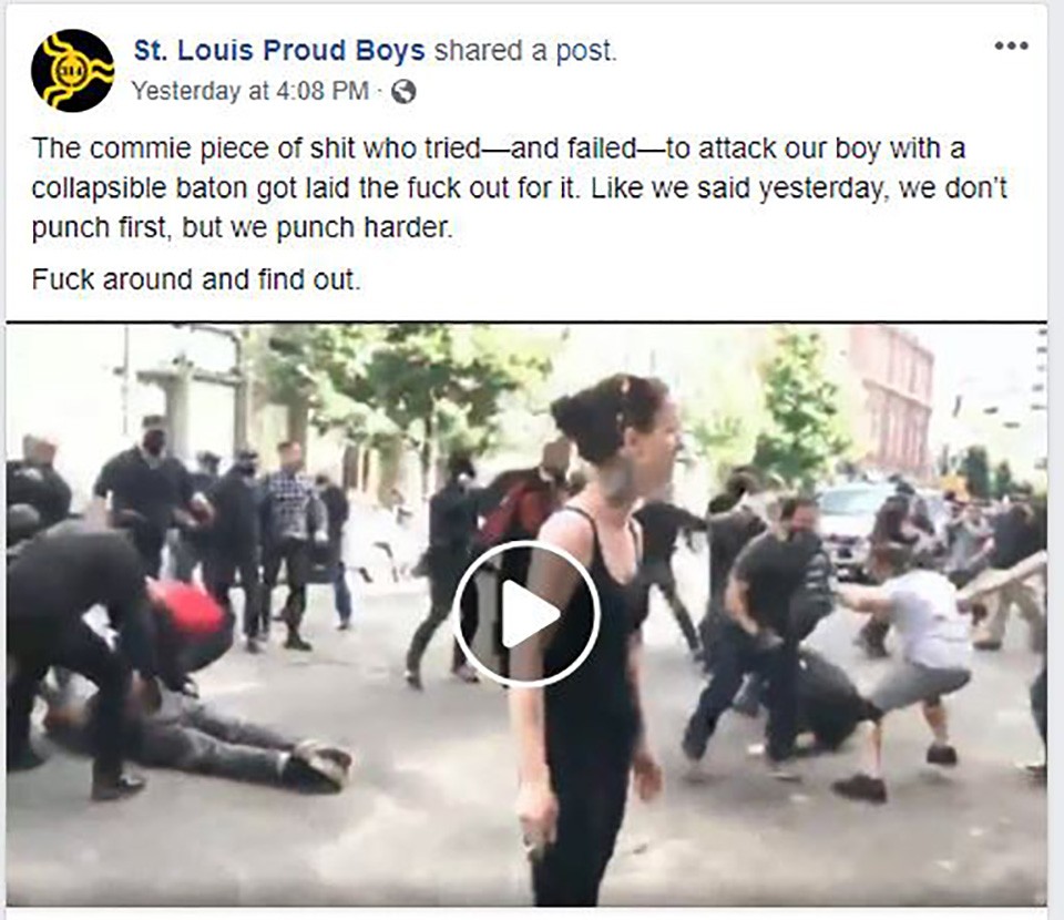 In a July 1 Facebook post, the St. Louis Proud Boys triumphantly shared a viral video of a Proud Boy KO-ing an Antifa protester in Portland - SCREENSHOT VIA FACEBOOK